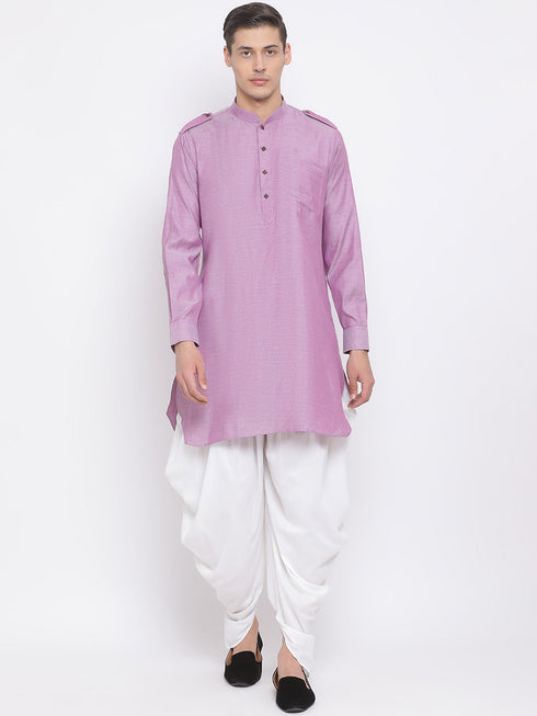 Vastramay Men's Purple Cotton Blend Kurta and Dhoti Set